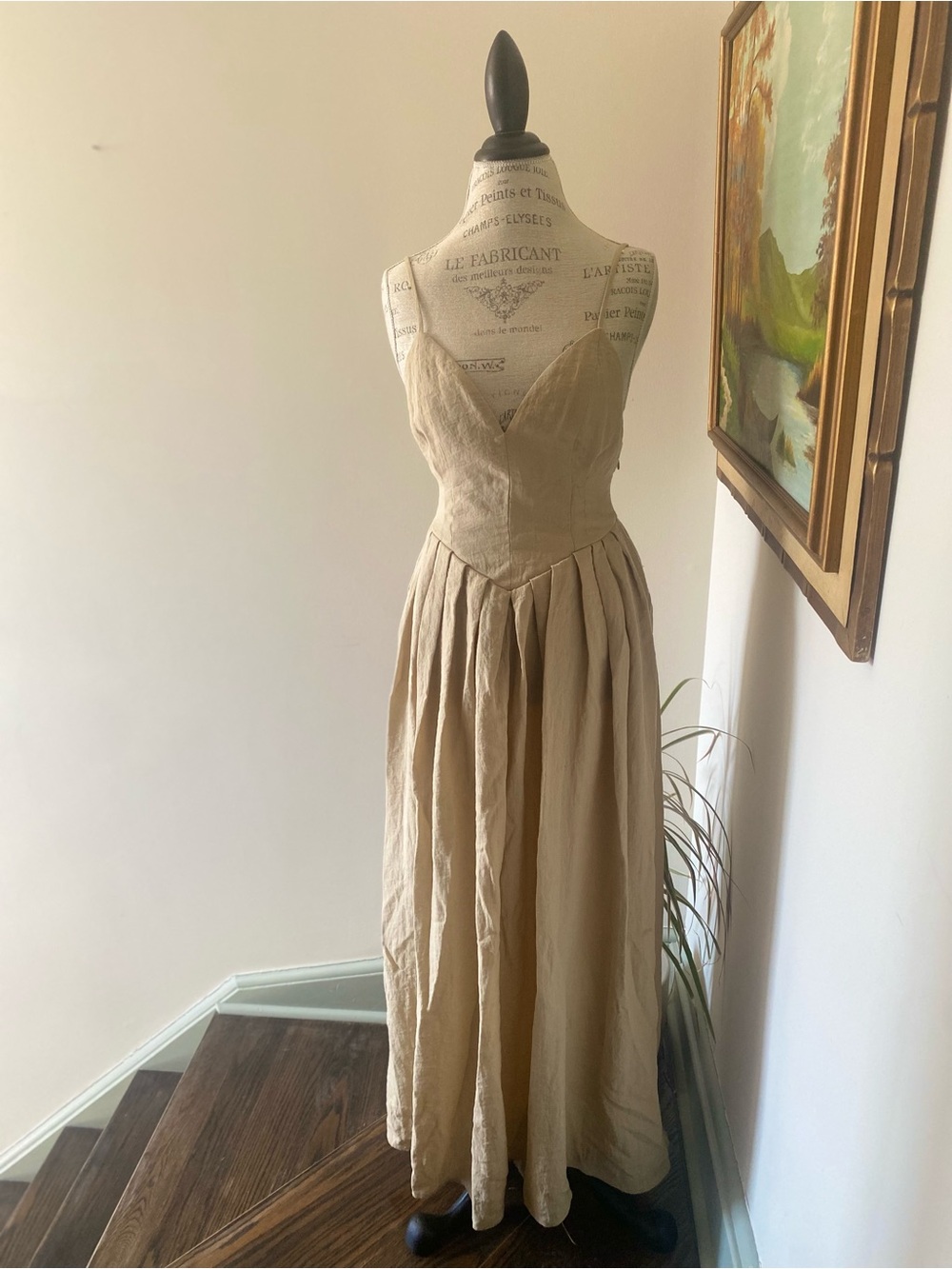 Beige Linen Blend Open Back Midi Dress Cottagecore Minimalist